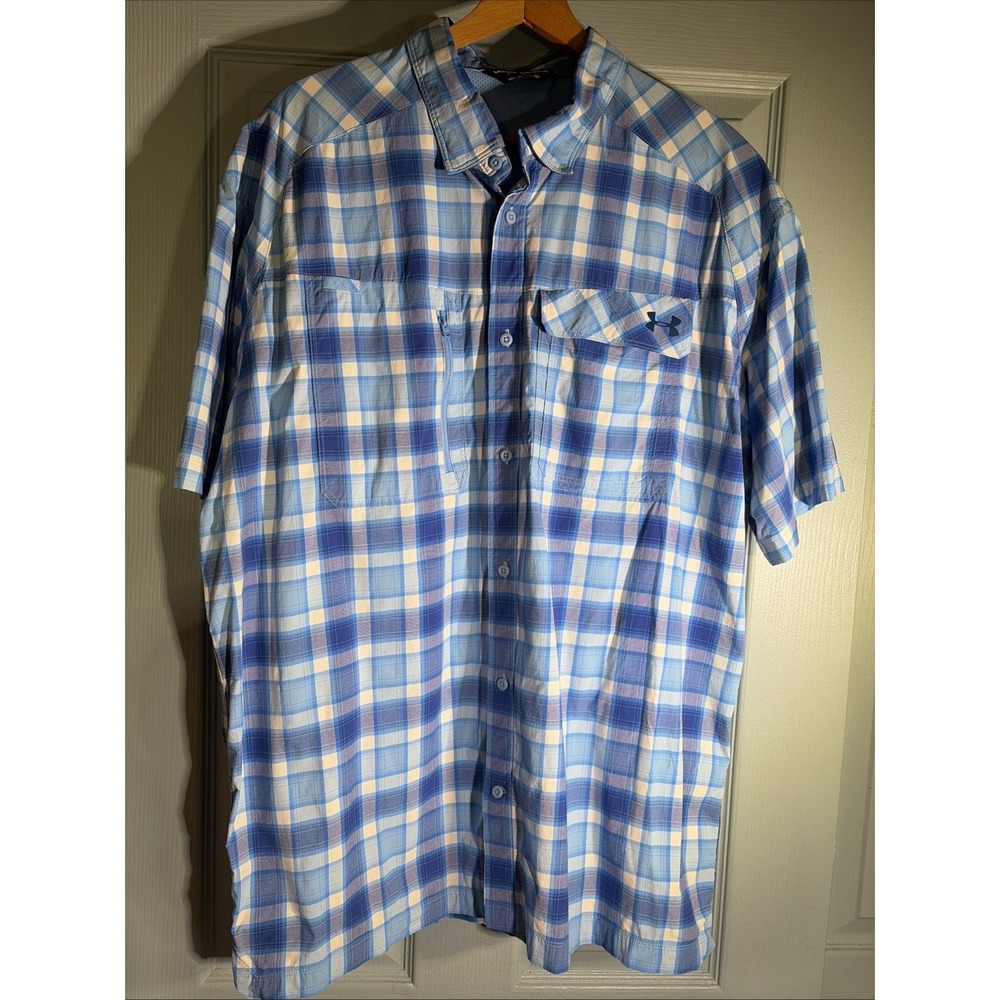 Under Armour Flats Guide Shirt Mens 2XL Blue Plaid Fishing Vented HeatGear UPF